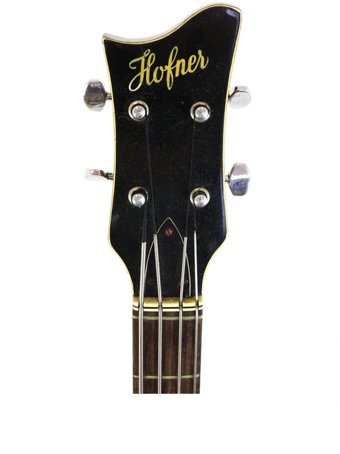 Close-up of a Hofner 500/1 'Beatle Bass' headstock, showcasing its vintage design and craftsmanship from Germany, 1962.