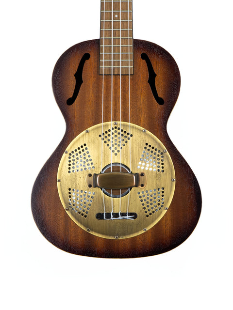 Close-up of a Kala KA-RES-BRS Tenor Resonator Ukulele with a striking gold tone ring on the neck, highlighting its craftsmanship.