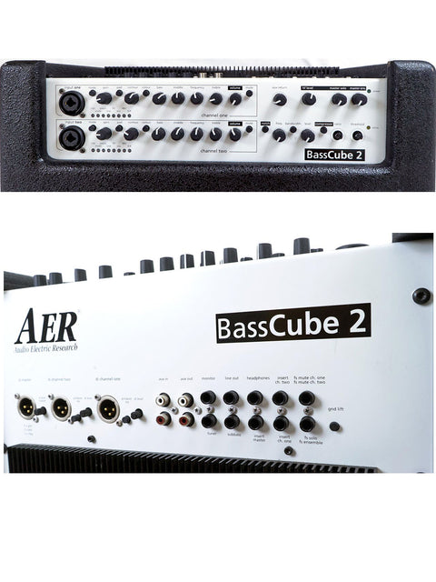 Close-up of the AER Bass Cube 2 amplifier's control panel, showcasing input options and detailed settings