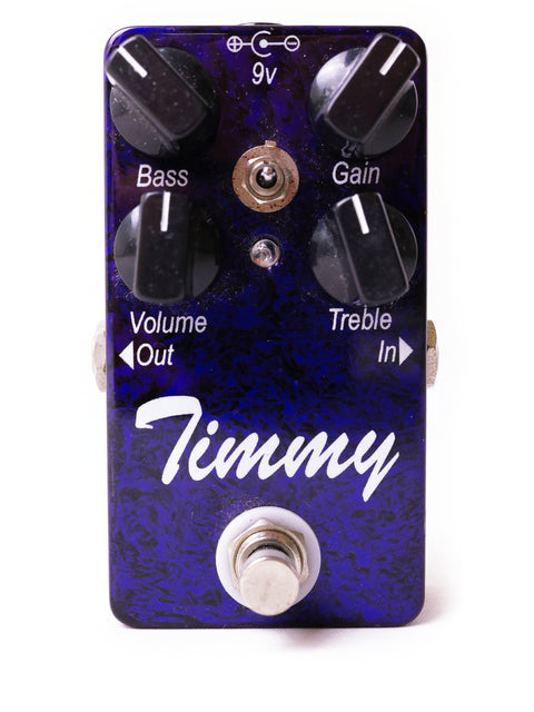 Close-up of the Timmy bass pedal, showcasing the name "Timmy" and its sleek design by Paul Cochrane, made in the USA.