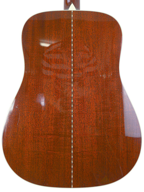 Close-up of the wooden body of an acoustic guitar with a glossy finish.