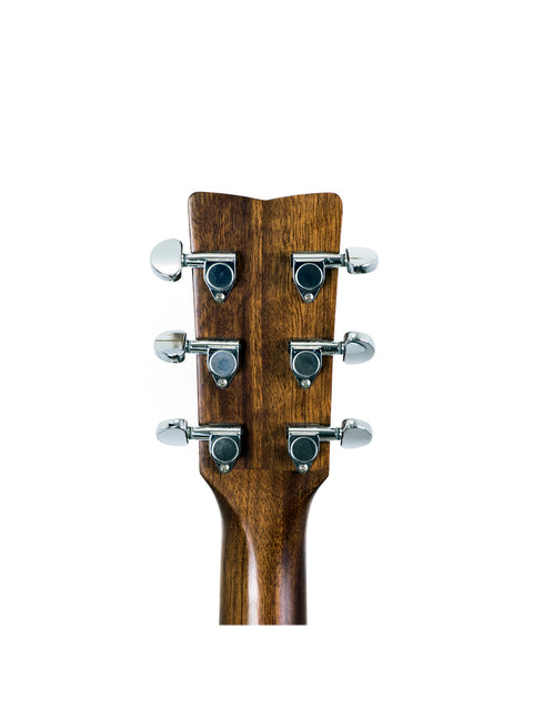 Close-up shot of the neck on a Yamaha FG 720 SL left-handed acoustic guitar from Japan, featuring rich wood textures.