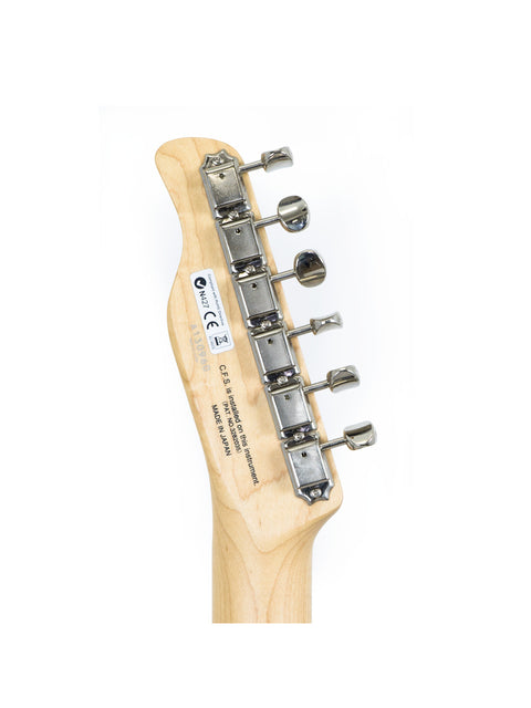 Detailed view of a FGN Fujigen J Standard Iliad guitar head on a white background, highlighting its Tele style and Japanese origin.
