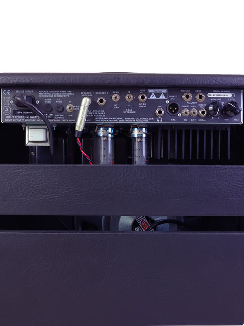Detailed view of a Rivera Clubster Royal Recording guitar amplifier and speaker, highlighting its craftsmanship and quality.
