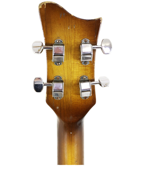 Detailed view of a brown guitar headstock from a 1962 Hofner 500/1 'Beatle Bass', highlighting its classic craftsmanship.
