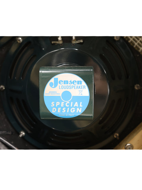 Detailed view of a sticker on a speaker, showcasing the Achillies Vibrolux Reverb Combo Amp, made in Australia, 2021.