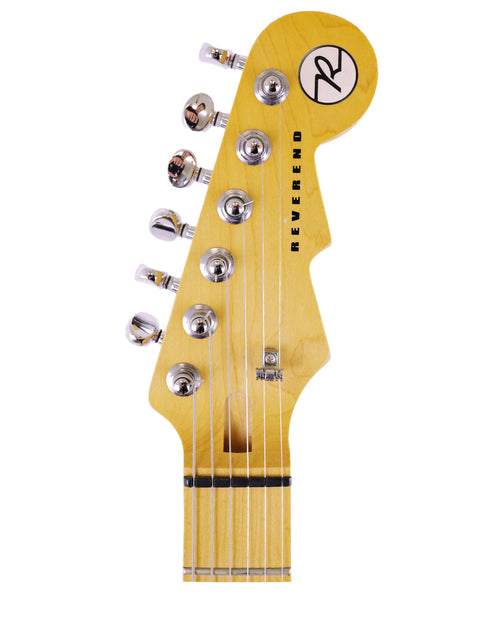Detailed view of a yellow-bodied Reverend Double Agent guitar head, highlighting its sleek features and quality from Korea, 2016.