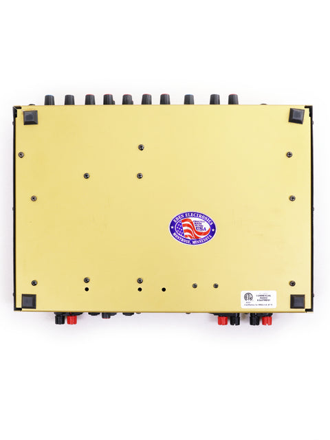 Detailed view of the back of a power supply connected to the Eden World Tour 800 Head and Epifani 600w Bass Cabinet.
