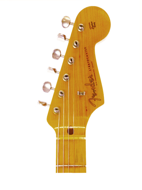 Detailed view of the headstock from a 2018 Fender Ltd Custom 50s Journeyman Stratocaster electric guitar.