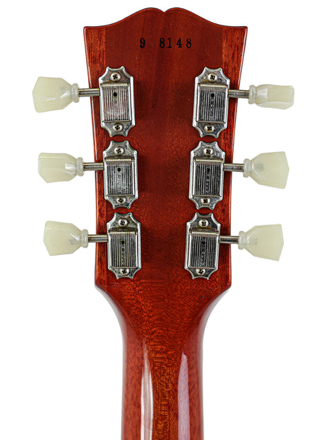 Detailed view of the headstock from a 2018 Gibson Custom Shop '59 Les Paul Standard R/I, highlighting its elegant Brazilian Rosewood.