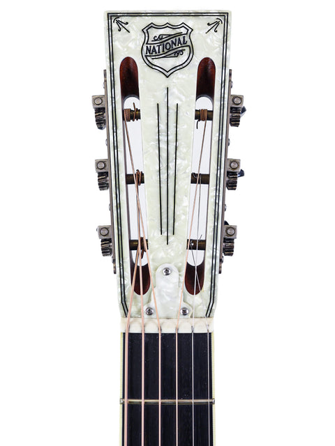 Detailed view of the neck of a 2016 National ResoRocket WB Steel acoustic guitar, highlighting its unique features and finish.