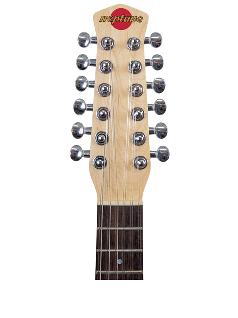 Detailed view of the neck of a Jerry Jones Neptune Shorty Octave 12-string electric guitar, highlighting its elegant design.