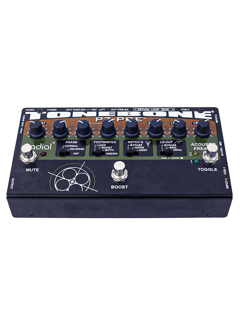  Display of a black and white pedal, featuring the Radial PZ-Pre Tonebone 2-Channel Acoustic Instrument Preamp and DI Direct Box.