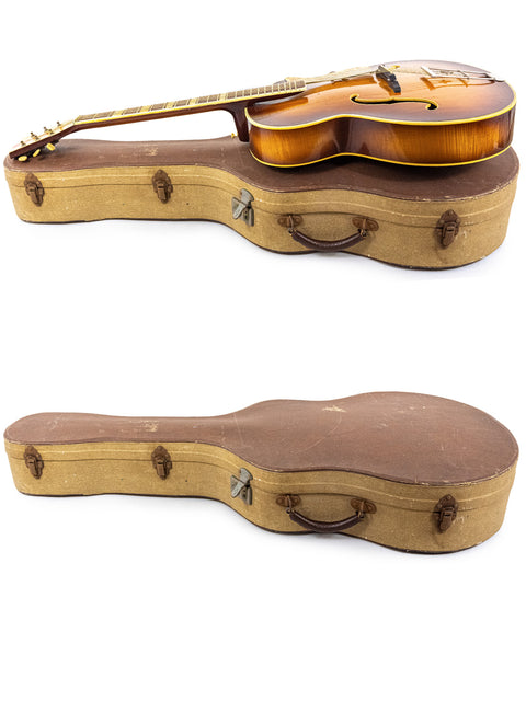 Display of two guitars in different orientations, featuring a vintage Hofner 455 Archtop from Germany, 1950s era.