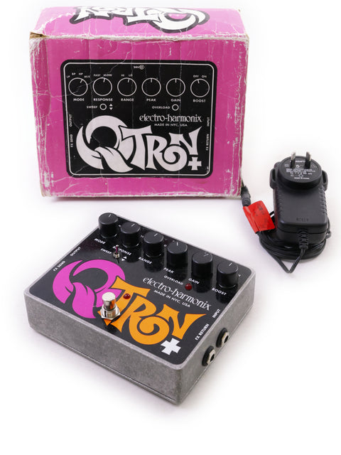 Electro-Harmonix Q-Tron+ effects pedal with box and power adapter.