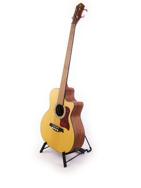 Elegant Gilman GAB10CE Acoustic Bass resting on a stand with a white backdrop, perfect for aspiring musicians and collectors alike.
