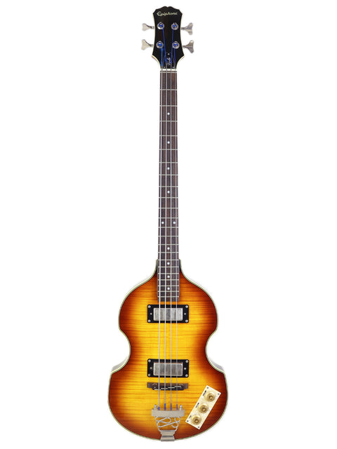 Epiphone bass guitar with sunburst finish and four tuning pegs, isolated on white background.