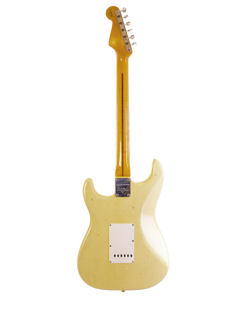 Fender Ltd Custom 50s Journeyman Stratocaster, a yellow guitar with a white body and neck, crafted in the USA, 2018.