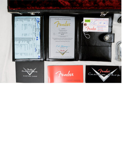 Fender guitar case with three tickets, showcasing a Custom Shop 60s Journeyman Telecaster from the USA, 2018.
