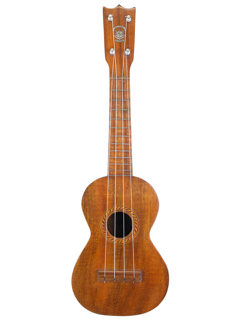 Front view of Aloha/Akai Style 2 Concert Ukulele from Hawaii, circa 1930, showcasing its vintage wooden design and intricate craftsmanship.