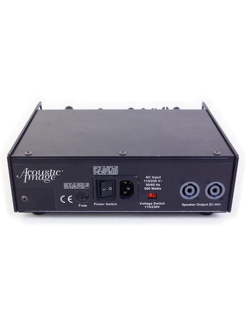 Front view of a black-covered power supply for the Acoustic Image Focus 2R Series 3 bass amplifier, showcasing its sleek design.