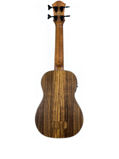 Full back shot of aNueNue Im Bass Koa Bass Ukulele, focusing on the elegant wood finish.