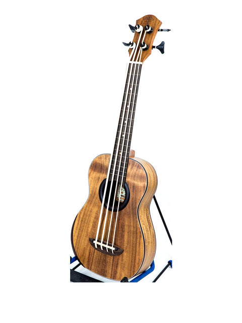 Full perspective of aNueNue Im Bass Koa Bass Ukulele with strings and body details.
