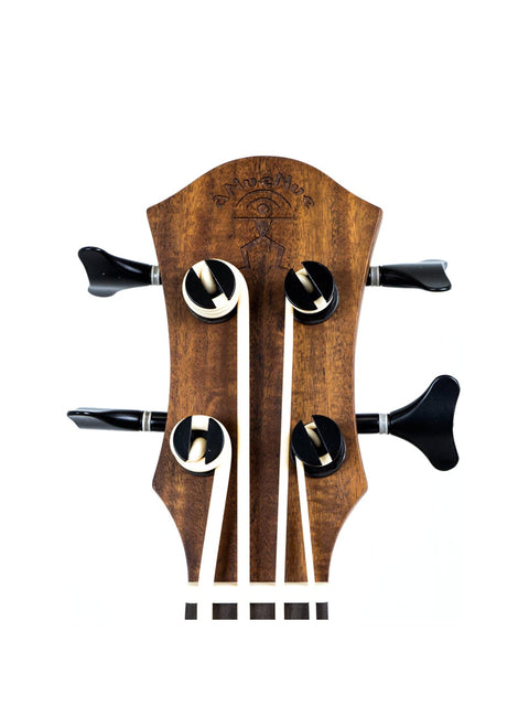 Headstock of aNueNue Im Bass Koa Bass Ukulele featuring tuning pegs and logo engraving.