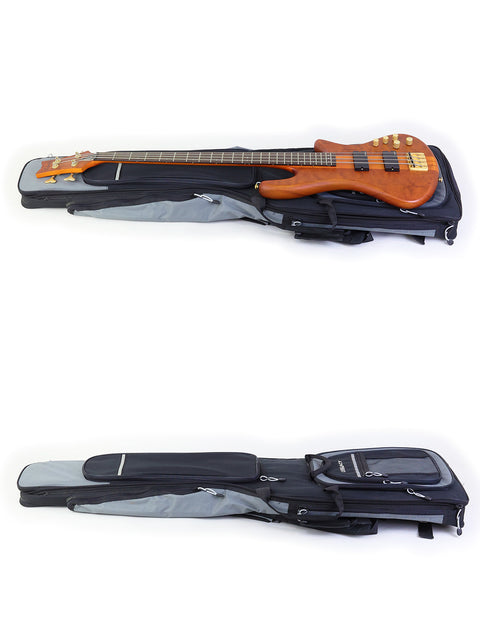Image shows two unique bass cases, including the Schecter Stiletto Studio – 4 Bass made in South Korea.