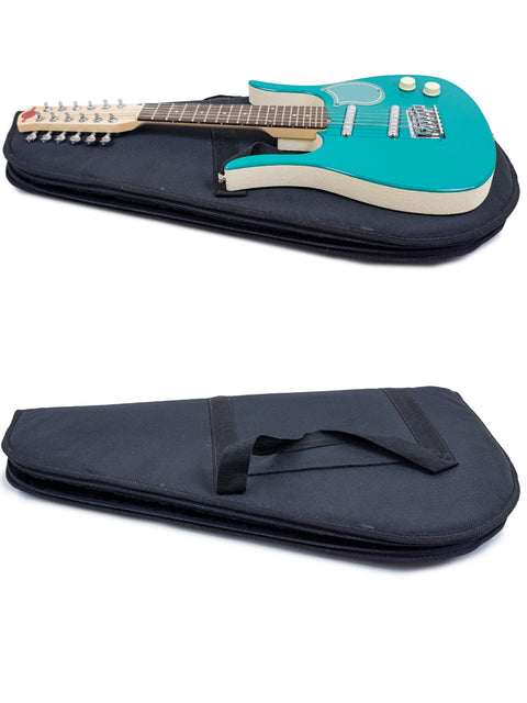  Inside a black guitar case lies a blue Jerry Jones Neptune Shorty 12-string electric guitar from 2005.
