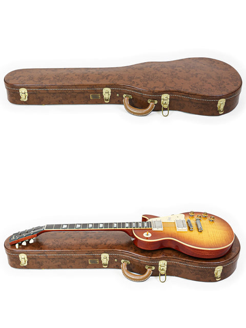 Inside a brown case, two guitars are displayed, one being a Gibson Custom Shop '59 Les Paul Standard R/I with Brazilian Rosewood.