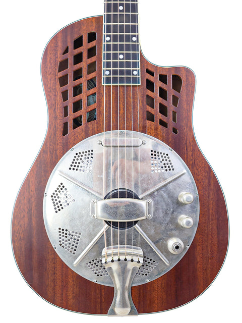National ResoRocket WB Steel guitar featuring a striking metal body and wooden top, crafted in the USA in 2016.