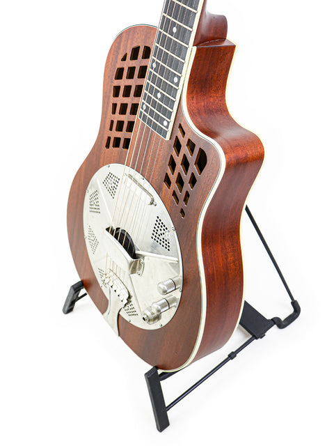 National ResoRocket WB Steel guitar with a wooden body displayed on a stand, highlighting its craftsmanship from 2016.