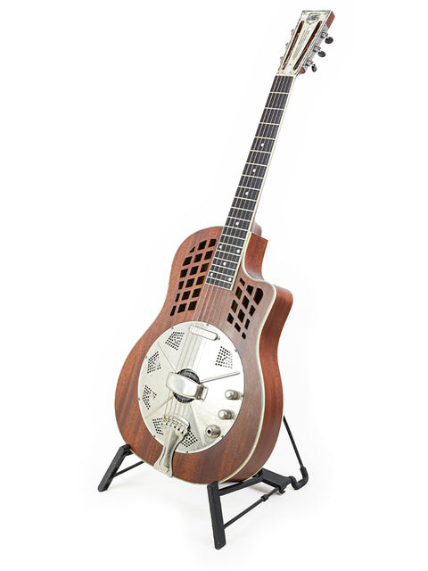 National ResoRocket WB Steel guitar with a wooden body displayed on a sturdy metal stand, crafted in the USA, 2016.