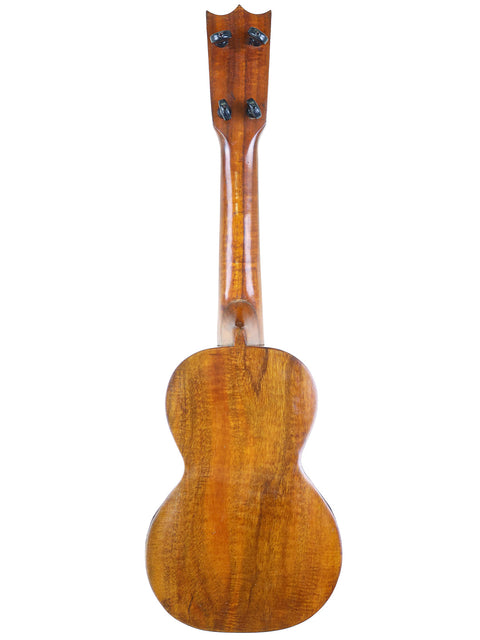 Rear view of the Aloha/Akai Style 2 Concert Ukulele, displaying the smooth and polished wooden back characteristic of its Hawaiian craftsmanship from the 1930s.