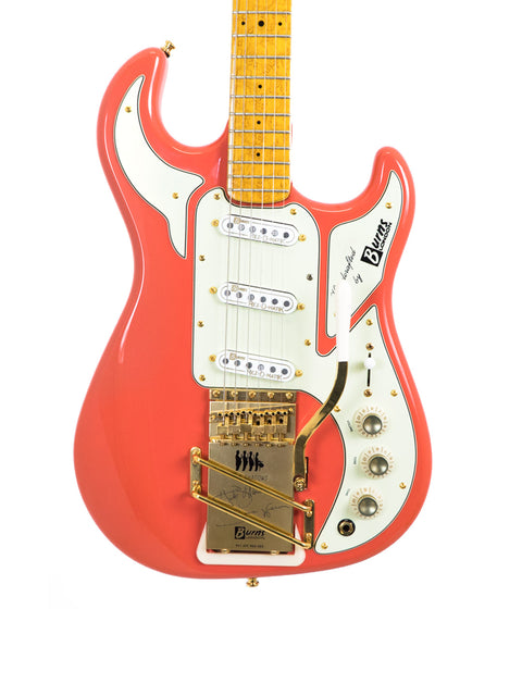 Red electric guitar with a white pickguard and gold hardware on a white background.