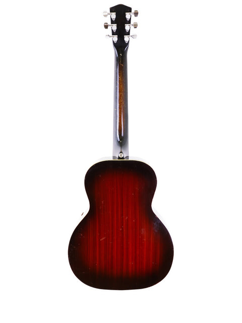 Red vintage National Trojan Resonator guitar from 1937, set against a stark white backdrop.