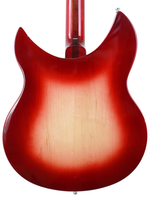 Rickenbacker 330 guitar in bright Fireglo red, displayed on a white background, capturing its unique style and elegance.
