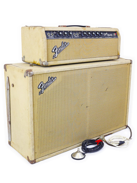 Side view of a vintage 1963 Fender Bandmaster amp and cabinet, highlighting their iconic design and timeless appeal.
