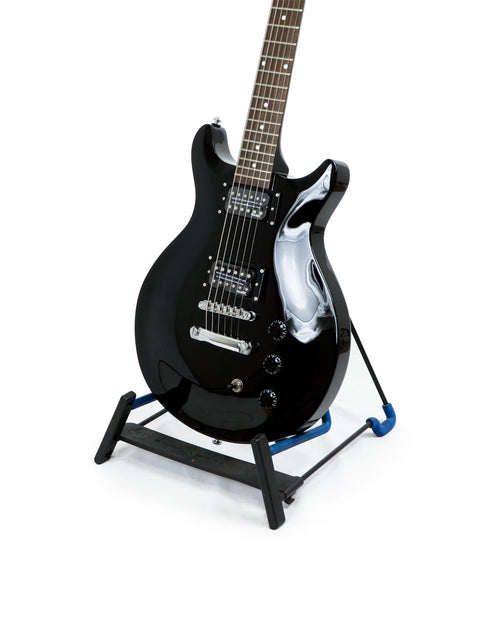 Sleek black Hamer XT Series LP Jr guitar displayed on a blue base stand, ideal for any guitarist looking to elevate their setup.
