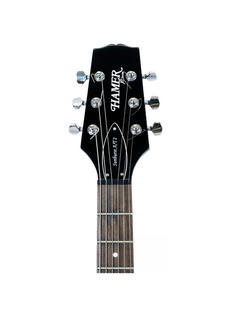  Stylish black guitar headstock with a white background, showcasing the Hamer XT Series LP Jr Style from 2007, perfect for players.