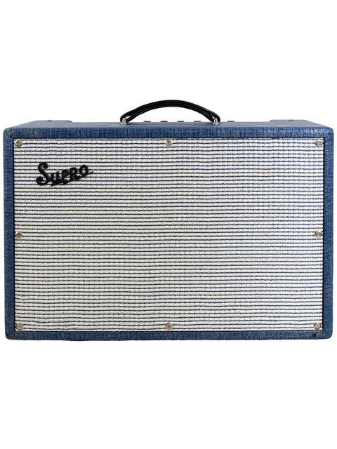 Sugoo amplifier in blue and white, showcasing the Supro Royal Reverb 1650 RT Combo, made in the USA, 2014.