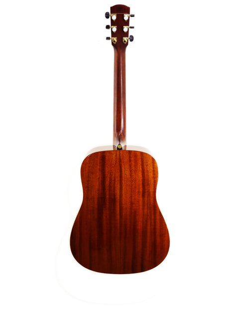 The 2019 Alvarez MDA66SHB wooden guitar elegantly positioned on a white background, emphasizing its rich tones and details.