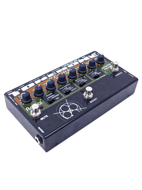 The Radial PZ-Pre Tonebone, a black and white acoustic preamp, displayed against a bright white background for clarity.