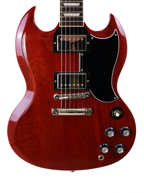 The image features a red Gibson SG Standard ‘61 electric guitar, complete with a stylish black pickguard for a classic look.