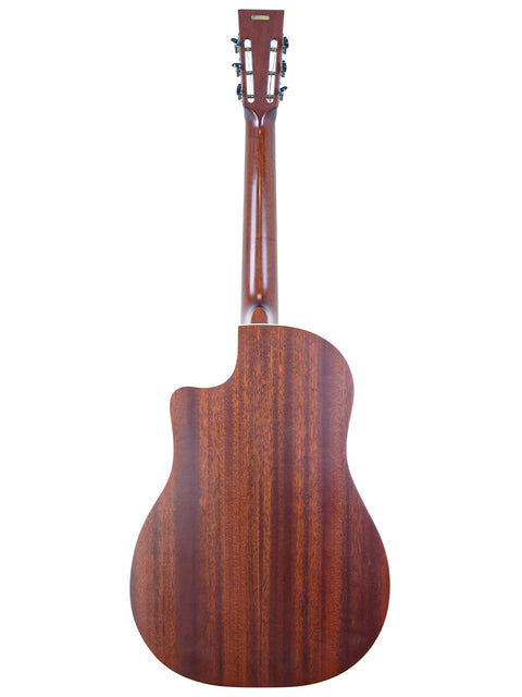 The wooden back of a National ResoRocket WB Steel acoustic guitar, highlighting its elegant design and quality materials.