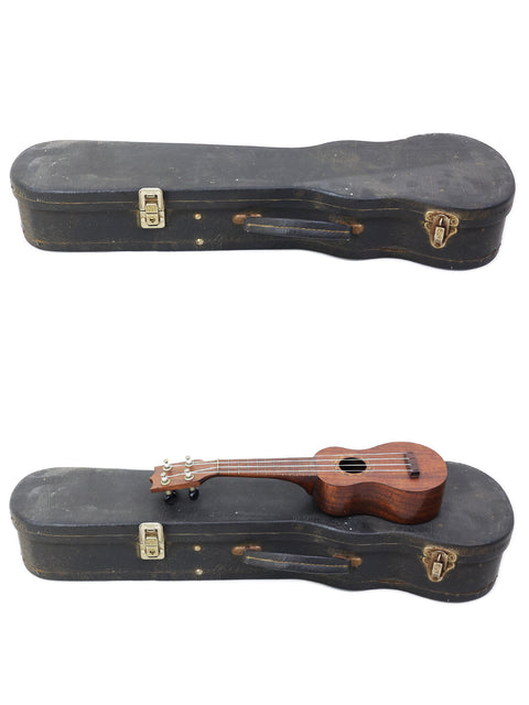 Two beautiful ukuleles in a wooden case, highlighting the TABU Style 2 "Midget" Koa from Hawaii, made around 1917.