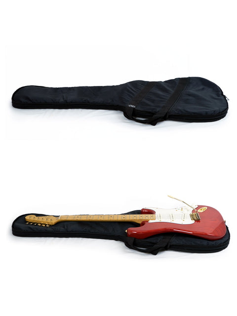 Two guitars, featuring a Fender MIJ '57 Style Stratocaster, are securely placed in a bag with a strap for easy carrying.
