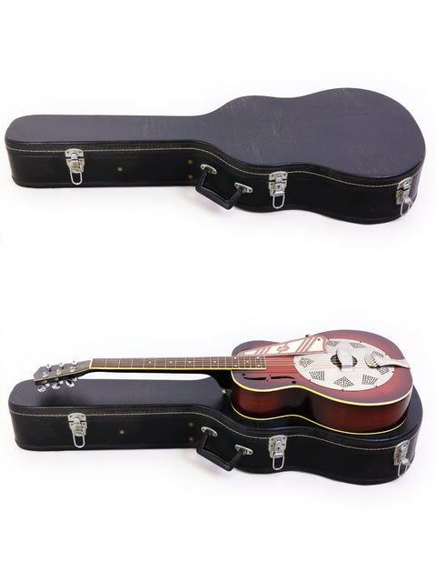 Two guitars in cases against a white background, highlighting a vintage National Trojan Resonator from 1937, USA.