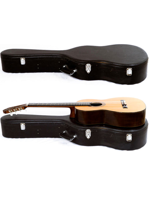Two guitars, including a Nakade Master 30 Grand Concert Guitar from Japan (1976), displayed in a case against a white backdrop.